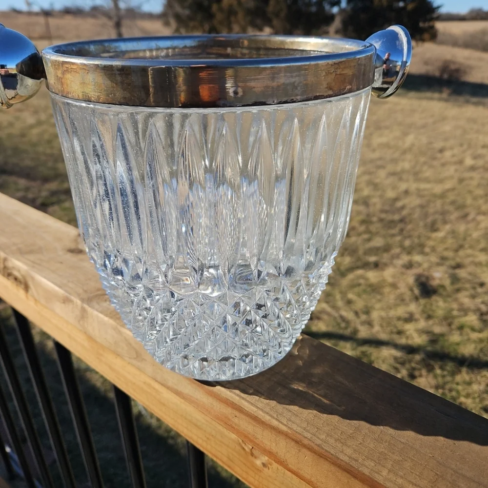 Vintage MCM 6LB Diamond Cut Glass Bar Ice Bucket w/Silver Plated Rim and Handles